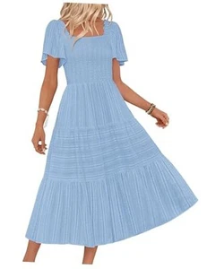 Women's 2025 Summer Flowy Midi Dress Short Sleeve Square Neck Smocked Tiered - Picture 1 of 7