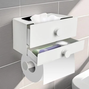 Toilet Paper Holder with Dual-Shelf White Wipes Dispenser for Bathroom Toilet... - Picture 1 of 7