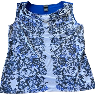 Blusa sin mangas Covington para mujer grande azul floral cuello capucha elástica Foto 1 de 4