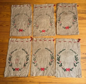 6 Vintage mittelgroße Jute/Sackleinen Kordelzug Futterbeutel ~ Geschenktüte ~ Weihnachtsdeko ~ lesen - Bild 1 von 9