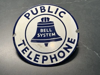 Vintage Original Porcelain 7" Round Bell System Public Telephone Sign - Image 1 of 3