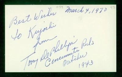 352, Tony DePhillips, Original Signed/Autograph, Index Card, Reds, "1943" - Image 1 of 4