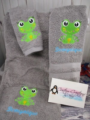 Cute Frog  Personalized  3 Piece Bath Towel Set  Your Color Choice  - Image 1 of 2