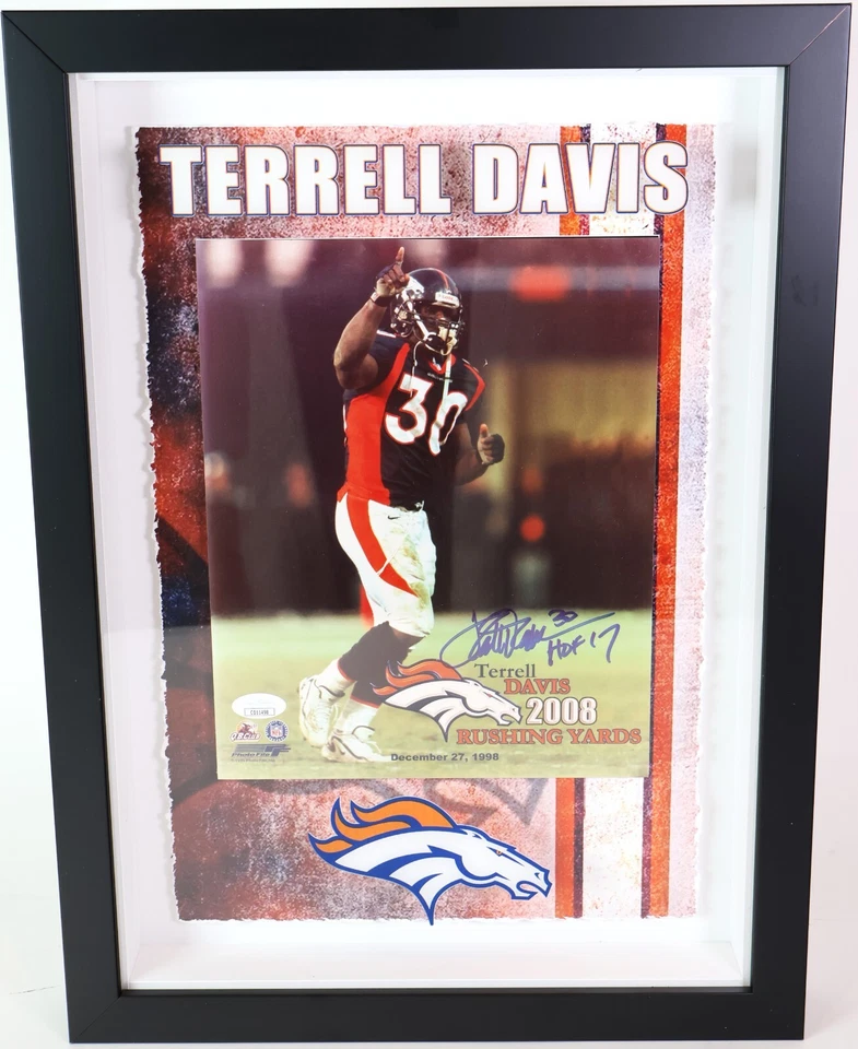 Terrell Davis Autographed Inscribed "HOF 17" Framed 8x10 Photo JSA COA - Image 1 of 3