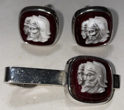 Vintage Shields Silver Tone Red Lucite Gladiator Cameo Cufflinks & Tie Bar Clip - Image 1 of 4