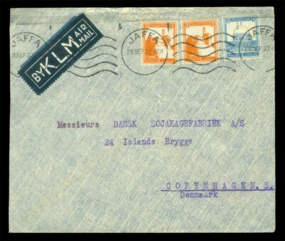 PALESTINE 1937 AIRMAIL - KLM - multipe-franking cvr from JAFFA to COPENHAGEN, DK - Image 1 of 2