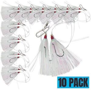 Paquete de 10 ganchos UMT blancos Fluke Flounder Killer Hi-Lo plataforma 3/0 BKK 30 lb mono 2 pies - Imagen 1 de 1