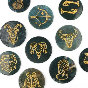 Natural Moss Agate Constellation Engraved Etched Pattern Energy Stone Healing - Picture 1 of 25