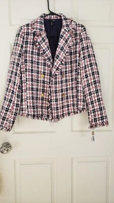 Blazer a Cuadros Tweed Frente Abierto - 100% Exclusivo en Azul Marino/Blanco/Rojo Foto 1 de 4