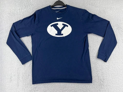 BYU Cougars Shirt Mens Medium Blue Nike 100% Cotton Crew Neck Long Sleeve Cover