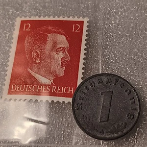 1942 German penny ~ 1 Pfenning ~ km#97 , WW2 Germany ~ + Red 12pf. Stamp - Picture 1 of 14