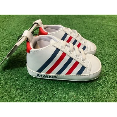 NUEVO CON ETIQUETAS K Zapatos de Bebé Suizos Rojo/Blanco/Azul Rayas Talla 3 (6-9 M) Foto 1 de 4