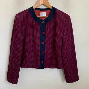 Chaqueta Pendleton Corta Lana Borgoña/Azul Marino Pata de Gallo Sin Cuello Forrada Talla 16 - Imagen 1 de 9