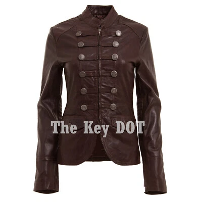 Women Military Style Leather Jacket Dark Brown Genuine Leather Rock Star Jacket - Image 1 of 4