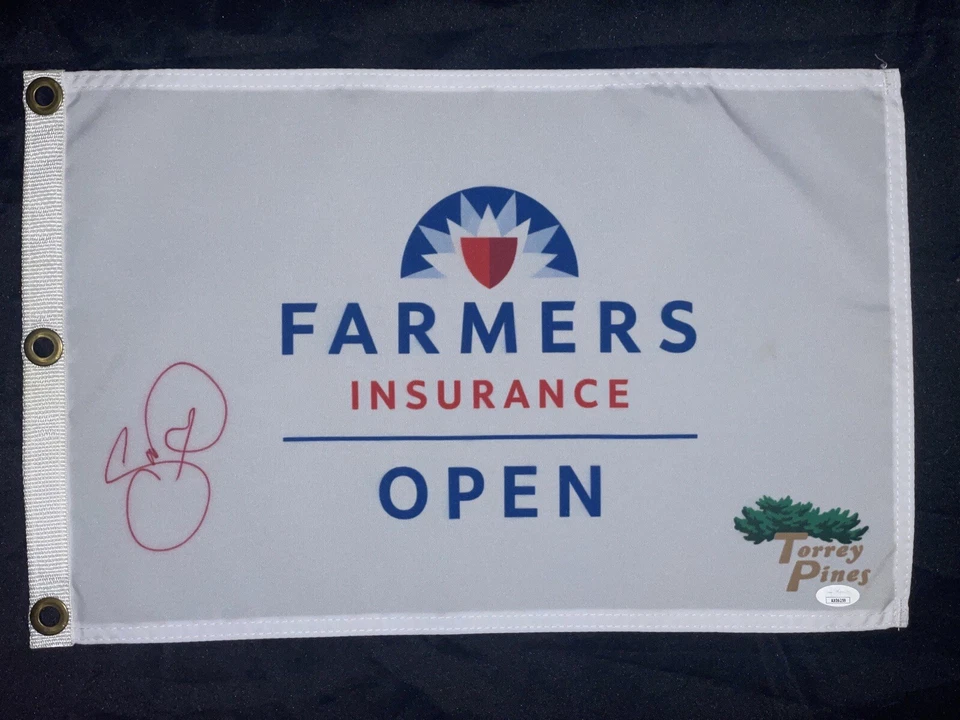 Prendedor abierto firmado por Jason Day Farmers Insurance bandera certificado de autenticidad JSA 2015 2019 campeón de golf Foto 1 de 1
