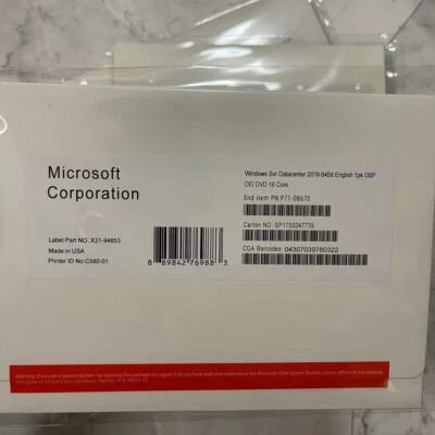 Microsoft Windows server 2019 datacenter 64Bit 16 Core License Key DVD&COA - Image 1 of 3