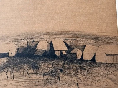 Seltene Große Original Radierung Koral Korab (1937 geb.), Dorflandschaft, 1992 - Bild 1 von 4