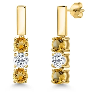 1.50 Ct Round Yellow Citrine White Topaz 18K Yellow Gold Plated Silver Earrings - Picture 1 of 6