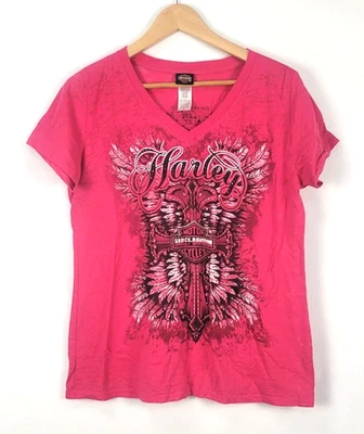 Harley Davidson Women's XL Short Sleeve T-Shirt Semi Sheer Top Pink Rhinestones - Image 1 of 4