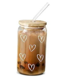 Cute Glass Coffee Cups With Lids And Straw – Aesthetic Cups – Iced Heart CF - Picture 1 of 8