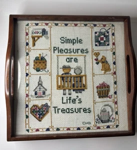 Vintage Needlepoint Glass Wood Serving Tray Simple Pleasure Are Life’s Treasures - Picture 1 of 6