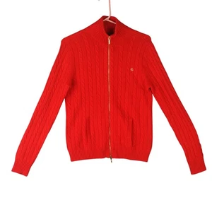 Lauren Ralph Lauren Cable Cardigan Sweater Womens M Red 100% Cashmere Zip Up EUC - Picture 1 of 11