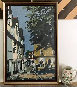 Framed Tapestry Cross Stitch European Village Cobble Street 36cm x 54cm Vintage - Picture 1 of 13