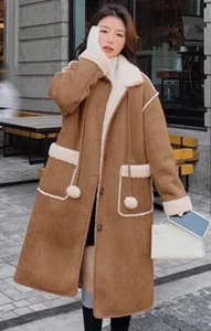 Women Winter Fur Lining Coat Lapel Warm Overcoat Ladies Long Jacket Outwear - Picture 1 of 9