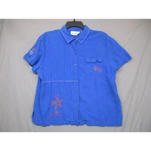 Erin London Blue Tropical Embroidered Short Sleeve ButtonUp Shirt Womens Size L - Picture 1 of 11