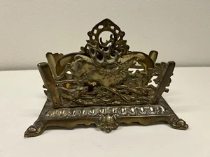 Vintage B&H ELK Deer Hunting Dogs Brass Napkin Letter Holder, 9" x 5" x 5 1/2" H - Picture 1 of 6
