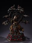 13.2" Chinese Antique Pure Copper Inlaid Gemstone Color Painting Buddha Statue