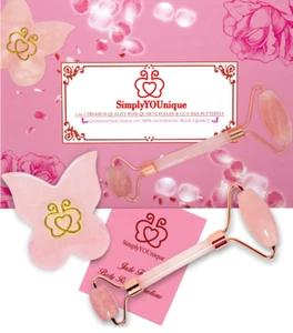 New Premium Rose Quartz Jade Roller + Rare Crystal Gua Sha Facial Spa Proven Set - Picture 1 of 12