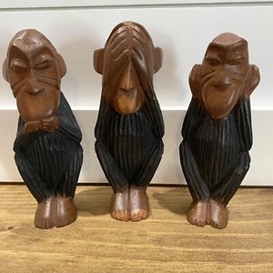 African Hand Carved Wooden 3 Wise Monkeys Hear See Speak No Evil 7” Tall - Picture 1 of 6