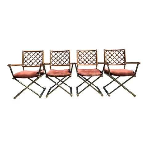 Vintage 1970s Bamboo Rattan and Brass Modern X Style Dining Chairs - Set of 4 Cover