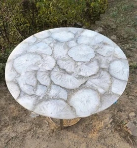20 Zoll Weißer Achat Runde Ecktischplatte Natürliche Geode Stein Arbeitsplatt... - Picture 1 of 8