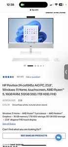 HP pavilion 24-ca1045z AiO PC, 23.8”. windows 11 home, touchscreen - Picture 1 of 5