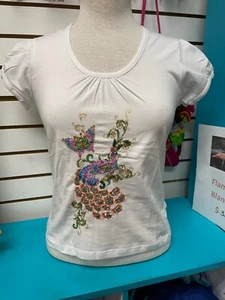 NEW WEI PENG EMBROIDERY PEACOCK WHITE BABYDOLL LADIES SS TEE TSHIRT TOP FREE OS - Picture 1 of 7