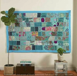 Indien 60 40 in Turquoise Patchwork Handmade Vintage Home Décor Wall Hanging - Picture 1 of 4