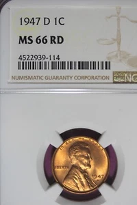 1947 D - NGC MS66 RD LINCOLN WHEAT CENT #B45970 - Picture 1 of 2