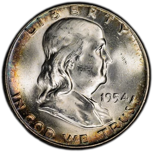 1954 FRANKLIN HALF DOLLAR 50C PCGS MS65FBL - FULL BELL LINES - NICE TONING PQ030 - Picture 1 of 4