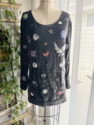 Nicole Miller Gray Velour Oversized Sweatshirt Embroidered Patches Grunge S - Image 1 of 4