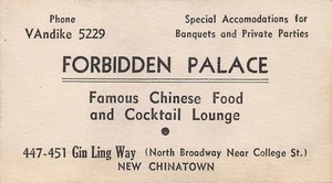 Tarjeta de visita de restaurante Forbidden Palace 1951 años 50 nuevo barrio chino de Los Ángeles - Imagen 1 de 2