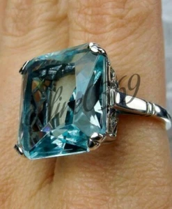 8 ct Large Square Cut Blue Aquamarine Solid Vintage Ring 925 Sterling Silver - Picture 1 of 8