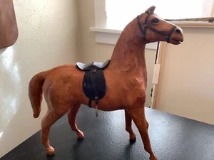 Paper Mache Horse Figurine Glass Eyes Leather Trim - Picture 1 of 7