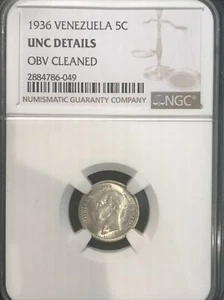 Venezuela 1936 5C 5 Centavos - NGC UNC DETAILS - Picture 1 of 4