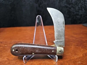 Vintage M Klein & Sons Hawkbill Linerlock Knife Brown  Handle Brass Lock Chicago - Picture 1 of 10