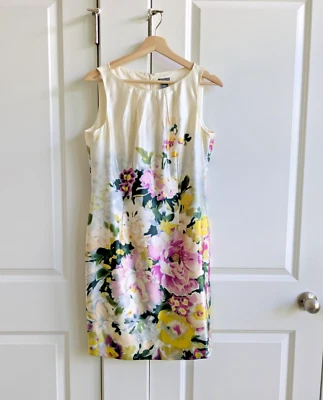 Ann Taylor Dress Women 10P Colorful Floral Print Silk Satin Sleeveless Sheath - Image 1 of 4