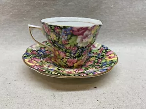 Taza de té y platillo vintage ROSINA inglés floral negro CHINTZ - Imagen 1 de 3
