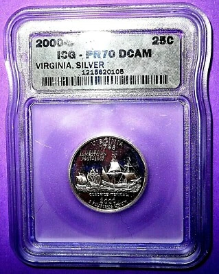 2000-S VIRGINIA GEM PROOF SILVER WASHINGTON QUARTER- ICG GRADED PF-70 DEEP CAMEO - Image 1 of 4