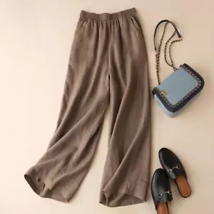 Women 100% Linen Pants Wide Leg Crop Pants elastic waist linen summer pant Loose - Picture 1 of 13